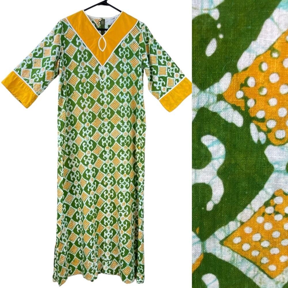 Vintage 60’s Block Print Maxi Caftan Dress India Cotton Festival Boho Hippie